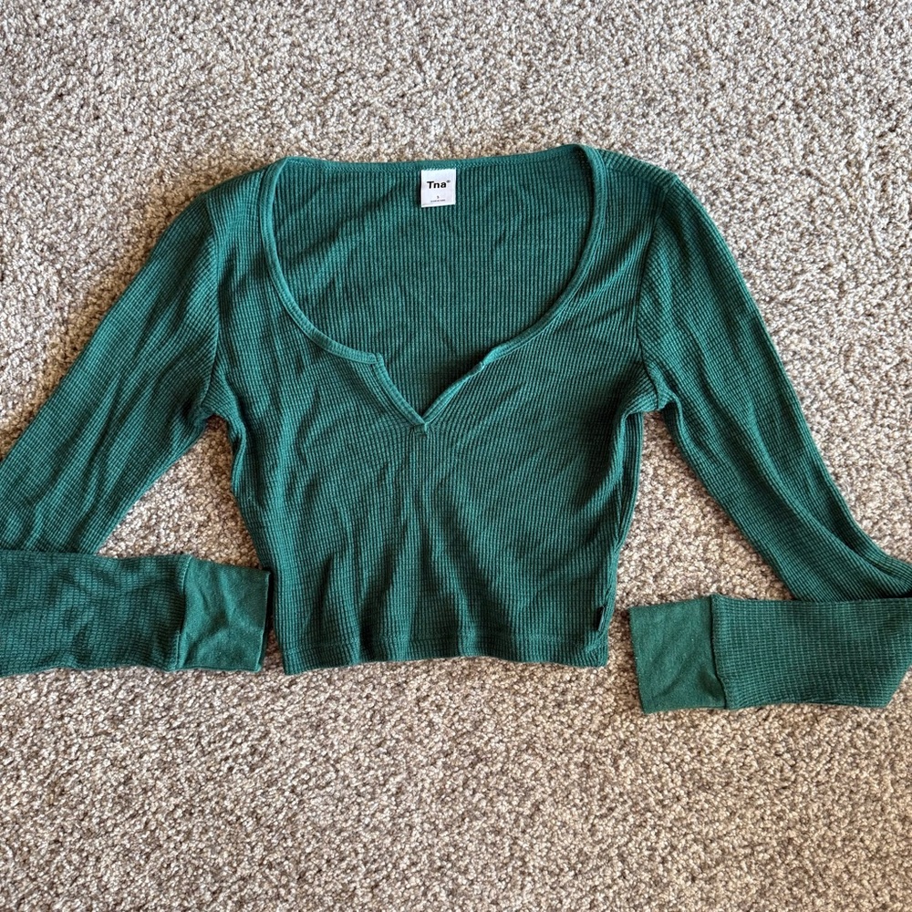 TNA Green Waffle Knit Cropped Long Sleeve